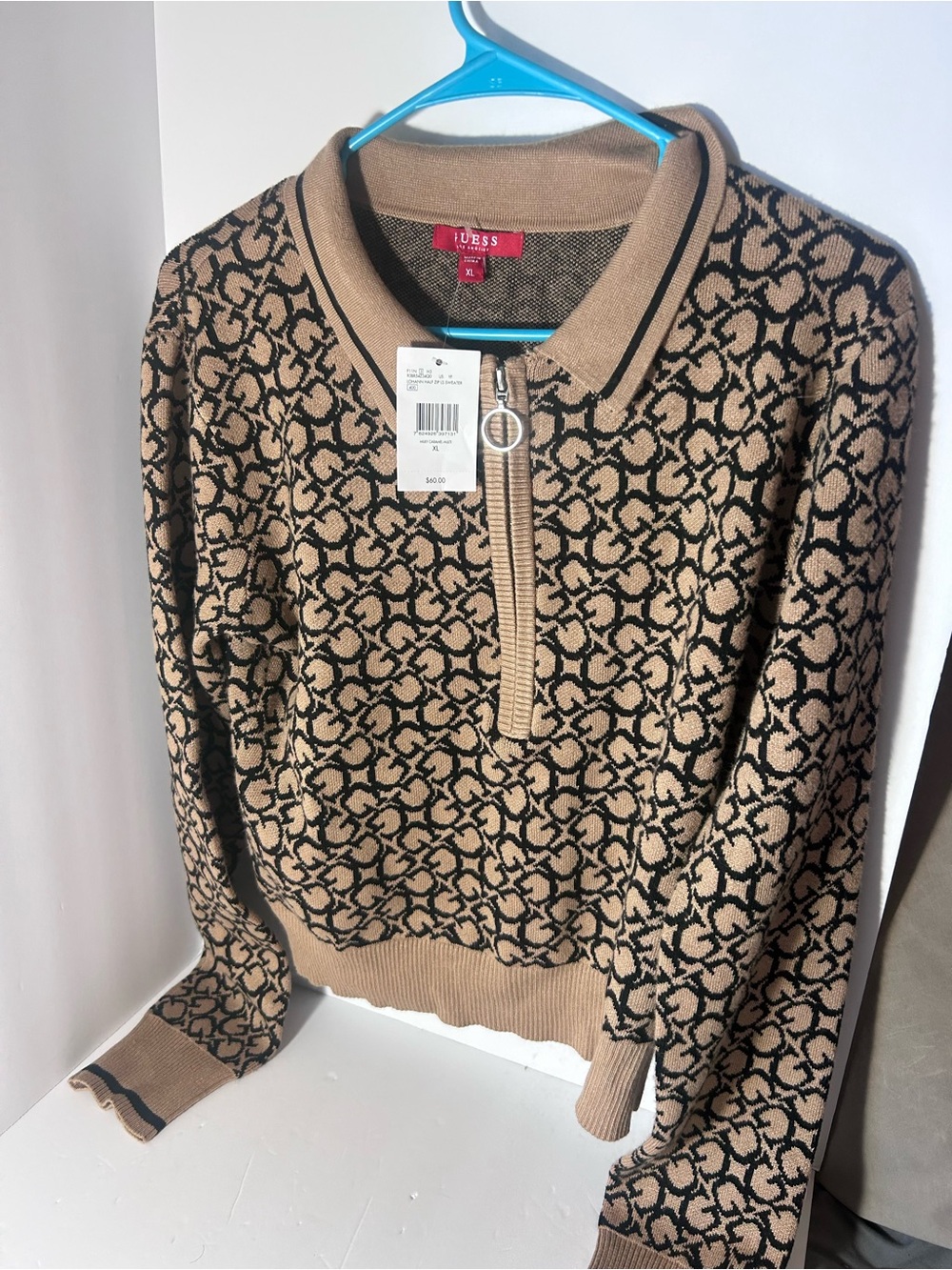 GUESS Tan & Black Monogram Half-Zip Polo Sweater
